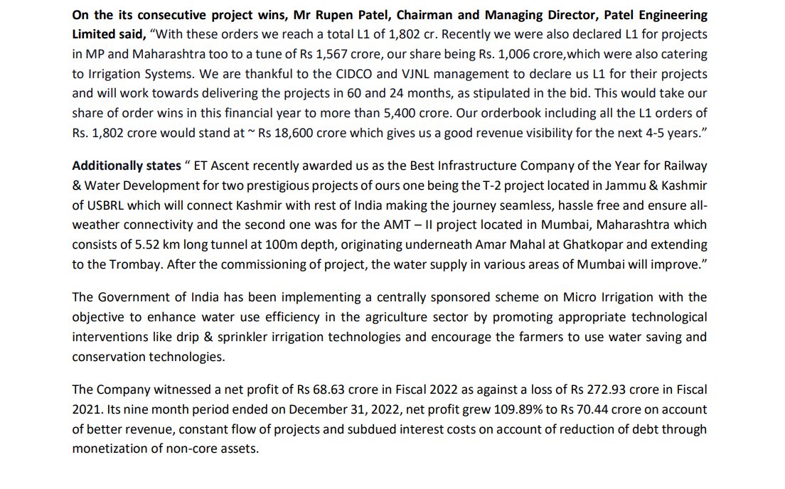 MAHESHDAGA's tweet photo. #PatelengineeringLtd-Declared L1 for Water Tunnel Project and Micro Irrigation Project worth Rs. 1,026 crore from CIDCO, Visvesvaraya Jala Nigam
Limited. Company’s Total Order book including L1 of Rs. 1,802 Crore increases to Rs. 18,600 Crore. https://t.co/mHtIVhewpG