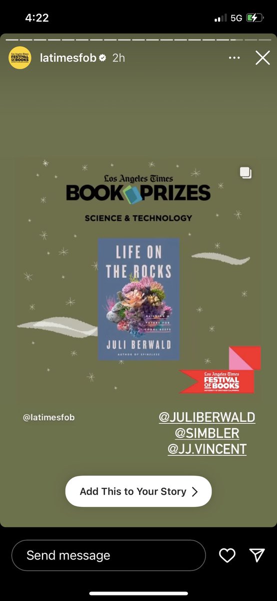Juli Berwald (@juliberwald) on Twitter photo So excited Life on the Rocks is an LA Times Book Award Finalist!! Crazy full circle the ceremony is at USC where I spent years wishing I studied #coral. I never imagined being invited back among such incredible writers like <a href="/edyong209/">Ed Yong is not here</a> <a href="/aznfusion/">Sabrina Imbler</a> <a href="/jjvincent/">James Vincent</a> <a href="/doctora_nature/">Dr. Jessica Hernandez</a> So excited Life on the Rocks is an LA Times Book Award Finalist!! Crazy full circle the ceremony is at USC where I spent years wishing I studied #coral. I never imagined being invited back among such incredible writers like <a href="/edyong209/">Ed Yong is not here</a> <a href="/aznfusion/">Sabrina Imbler</a> <a href="/jjvincent/">James Vincent</a> <a href="/doctora_nature/">Dr. Jessica Hernandez</a>