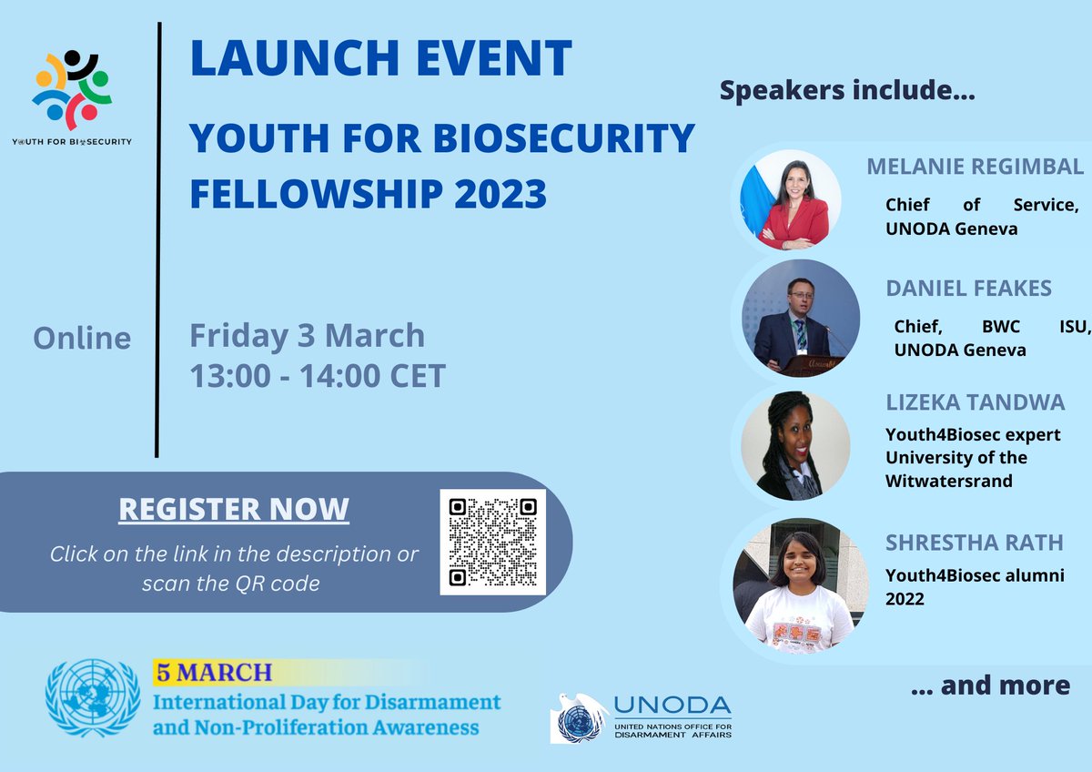 🚨📢Next week we will launch the 1st ever #Youth4Biosec Fellowship

If you want to apply and are asking yourself: 
- What is the Fellowship❓
- Who is it for❓
- How to apply❓

Join us online Friday 3 March | 13h - 14h CET for the Launch Event

Register👇
us06web.zoom.us/webinar/regist…