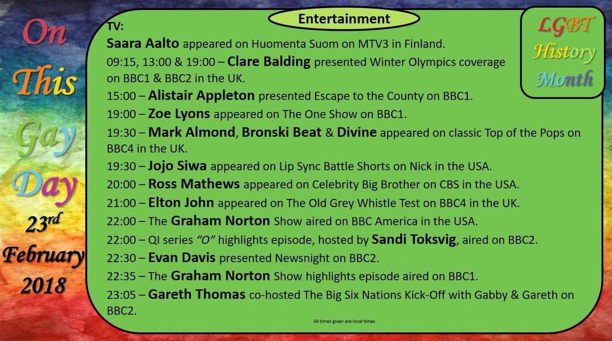 #LGBTHistoryMonth #OnThisGayDay #SaaraAalto #ClareBalding #AlistairAppleton #ZoeLyons #MarcAlmond #BronskiBeat #Divine #JojoSiwa #RossMathews #EltonJohn #GrahamNorton #SandiToksvig #EvanDavis #GarethThomas #LGBTHistory #QueerHistory #LGBT #LGBTQ #LGBTQIA+