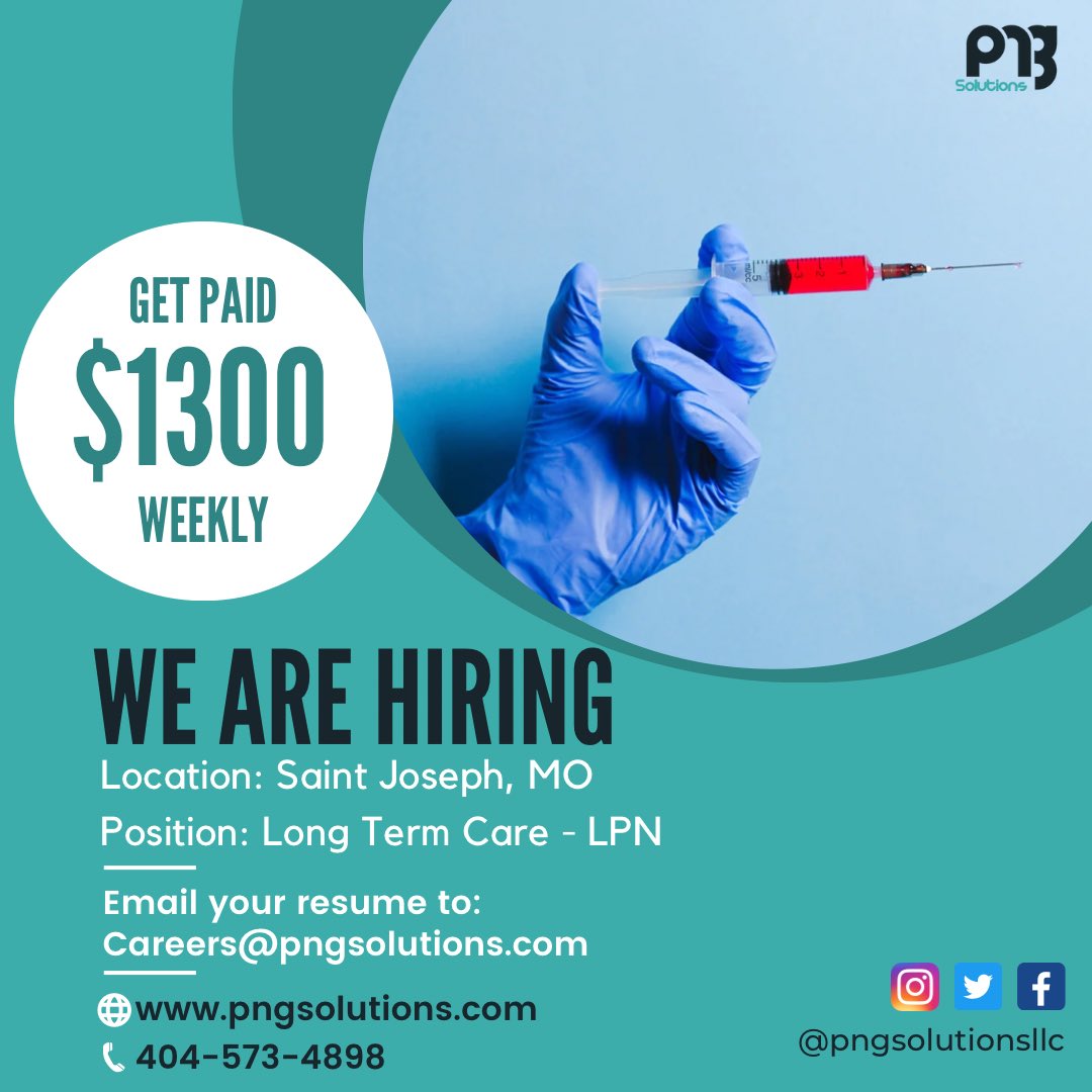 pngsolutionsllc's tweet image. Now Hiring! 

Saint Joseph, MO
LTC - LPN
$1,300 Weekly

If interested, kindly send your resume to Jenny@pngsolutions.com

#pngsolutions #longtermcare #nursing #nurses #rn #lpn #healthcare #healthcareprofessionals #healthcareworker