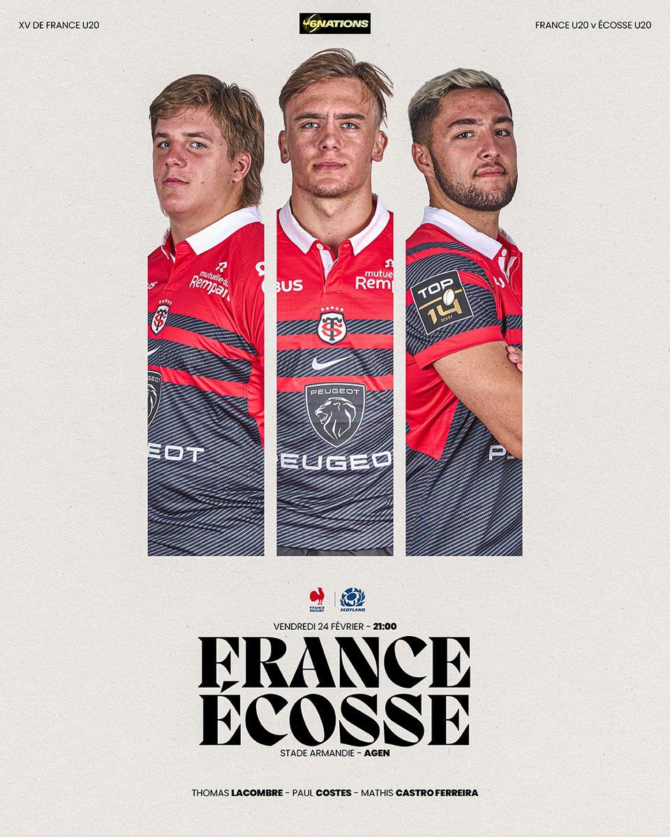 🇫🇷 🆚 🏴󠁧󠁢󠁳󠁣󠁴󠁿

𝟯 𝗦𝘁𝗮𝗱𝗶𝘀𝘁𝗲𝘀 sont sélectionnés avec #FranceU20 pour ce premier match à domicile du #SixNationsU20 💥

Rendez-vous ce vendredi à 21h00 sur <a href="/lachainelequipe/">la chaine L'Équipe</a> pour soutenir les Bleuets 👏