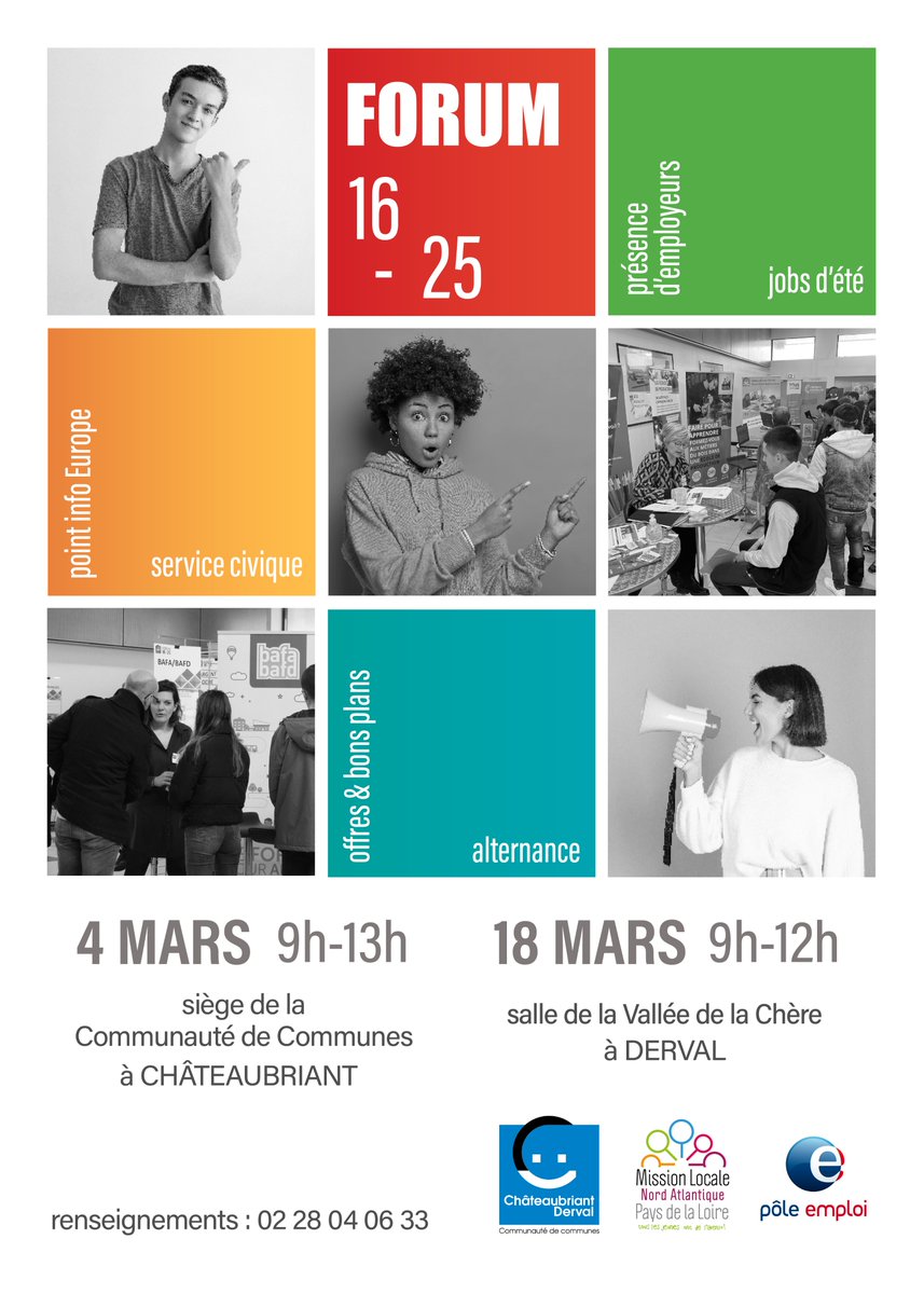 🧑‍🍳👷Forum 16-25👷🧑‍🍳
Sam. 4 mars - 9h à 13h. Pour qui ? Les collégiens, lycéens, étudiants, chercheurs d’emploi, jeunes qui cherchent un job d’été, un job étudiant, un service civique, un contrat d’apprentissage. Ou ? Au Siège de la Communauté de Communes à #Châteaubriant