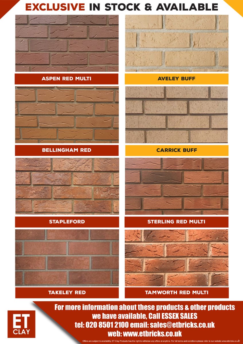 🧱 EXCLUSIVE BRICKS 

🧱 IN STOCK &amp; AVAILABLE 

Essex Sales 
tel: 020 8501 2100 
email: sales@etbricks.co.uk 

West Midland Sales 
tel: 0121 351 5991 
email: minworthsales@etbricks.co.uk 

website: etbricks.co.uk