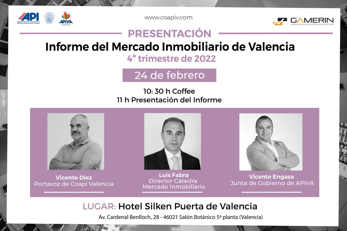 COAPI_Valencia's tweet photo. โถ Maรฑana presentamos de forma PRESENCIAL el "Informe sobre Mercado Inmobiliario de Valencia"
โฐ 11 horas
๐ Hotel Silken Puerta de Valencia
* Previamente, a las 10:30 h, se servirรก un coffee
#YoSoyApiValencia #InformeMercado #Vivienda #Valencia #MercadoInmobiliario https://t.co/WByXCwGrWP