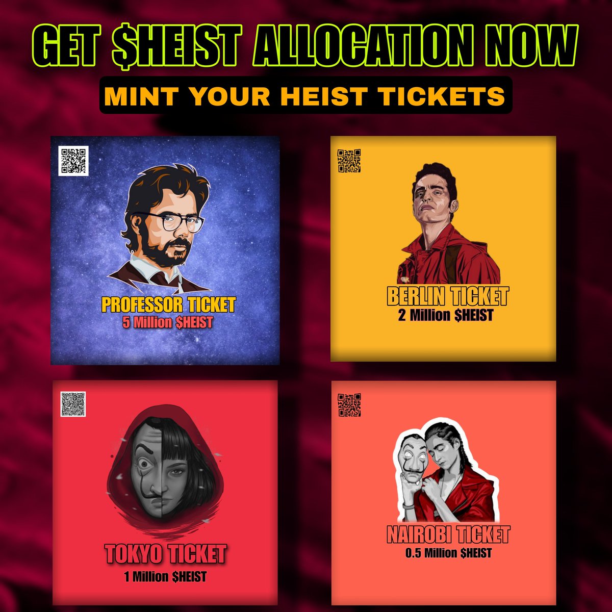 ✨Time to be a $HEIST millionaire 🔥 Mint HEIST tickets to get $HEIST allocation , follow @HeistCoin for more ! 👺 ✅ Mint link : launchmynft.io/collections/6V… @hey_wallet send 3333 $BONK to the first 333 Retweets , comments ⚡