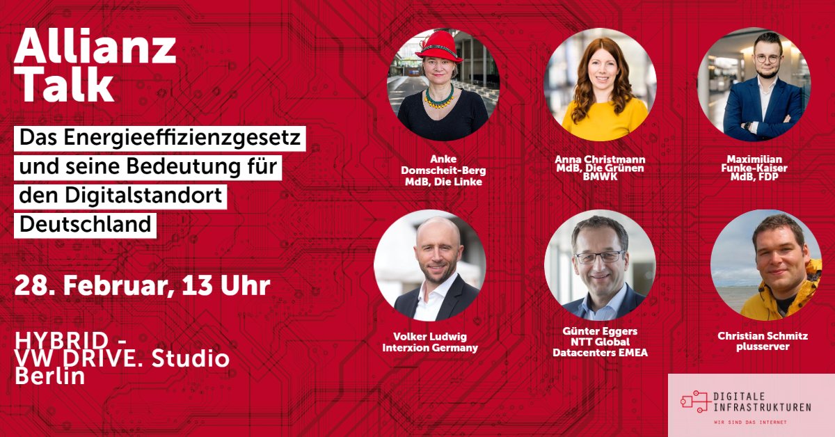 📢Am 28. Februar sprechen wir über das #Energieeffizienzgesetz und seine Bedeutung für den Digitalstandort Dtl. u.a. mit <a href="/annachristmann/">Anna Christmann</a> @BMWK, <a href="/max_fksr/">Maximilian Funke-Kaiser</a> <a href="/fdpbt/">Fraktion der Freien Demokraten</a> und <a href="/anked/">Anke DomscheitBerg (bsky: @anke.domscheit-berg.de)</a>.

👉Jetzt anmelden und mitdiskutieren - vor Ort in #Berlin oder im Livestream: go.eco.de/EnEfG