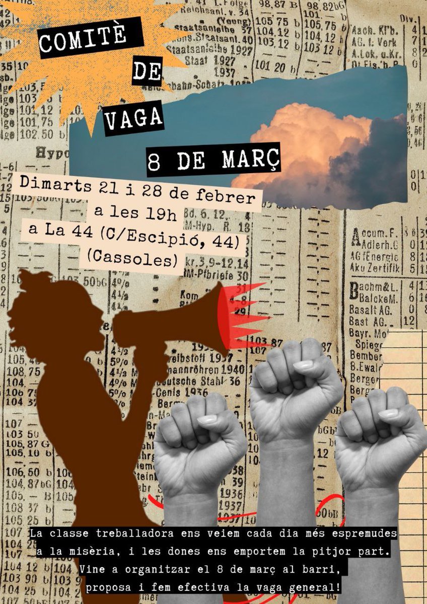 🔥 COMITÈ 8M 🔥

Els dimarts 21 i 28 convoquem comitè de vaga pel 8 de març a Cassoles. 

👉 Tens ganes d'organitzar el 8M al barri?
👉 Tens alguna proposta pel comitè? 
👉 Vols conèixer el Moviment Popular del barri i organitzar-te?

T'esperem!