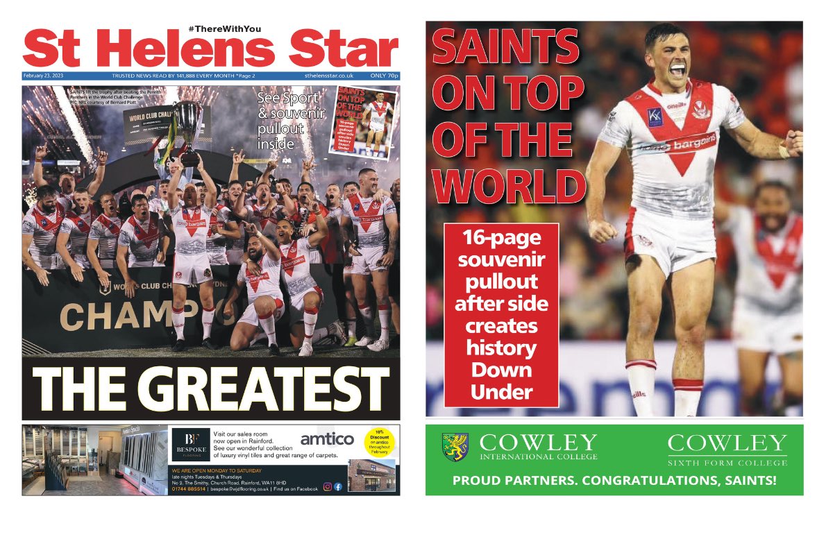 Andrew Kilmurray (@akilmurray) on Twitter photo A special souvenir edition of this week’s <a href="/sthelensstar/">St Helens Star</a> celebrating <a href="/Saints1890/">St.Helens R.F.C.</a> magnificent World Club Challenge victory in Australia.
There’s a 16-page supplement inside.
<a href="/sthelensstar/">St Helens Star</a> available to buy in shops for 70p.
#RugbyLeague #StHelens #newspapers #WorldClubChallenge A special souvenir edition of this week’s <a href="/sthelensstar/">St Helens Star</a> celebrating <a href="/Saints1890/">St.Helens R.F.C.</a> magnificent World Club Challenge victory in Australia.
There’s a 16-page supplement inside.
<a href="/sthelensstar/">St Helens Star</a> available to buy in shops for 70p.
#RugbyLeague #StHelens #newspapers #WorldClubChallenge