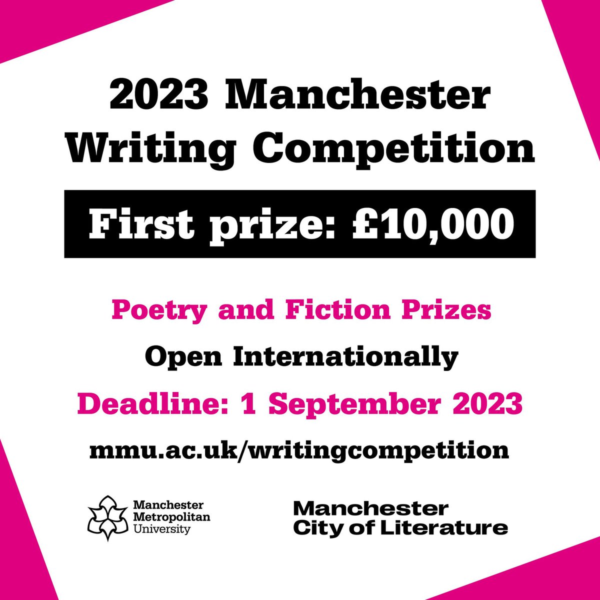 McrWritingSchl's tweet image. Writers! Enter the £10,000 @McrWritingSchl Poetry and Fiction Prizes for new and unpublished work. Open internationally. Deadline 1 September. Reduced price entry available. Judges chaired by @Malikabooker and @oriordanadam. 💻 📚 ➡️ mmu.ac.uk/writingcompeti…