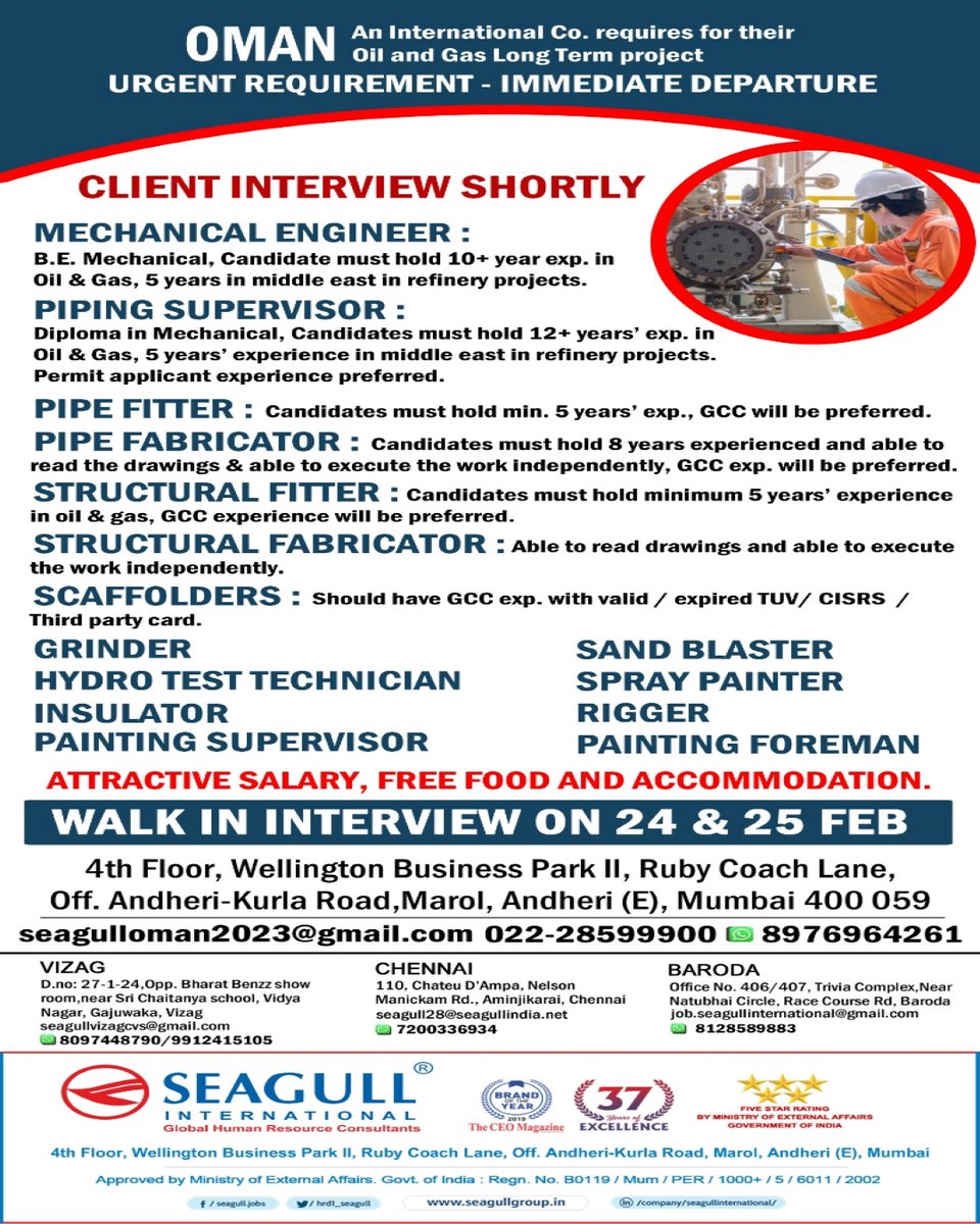 hrd1_seagull's tweet photo. OMAN Jobs.
.
.
.
#gulfjobs #omanjobs #mechanicalengineer #supervisor #rigging #foreman #electricalsupervisor #pipefitter #pipefabrication #fabricator #grinder #sandblasting #hydrotest #technician #insulator #painting #supervisor #spraypainting #rigger #painting #foreman https://t.co/Wy9PhvL7RH