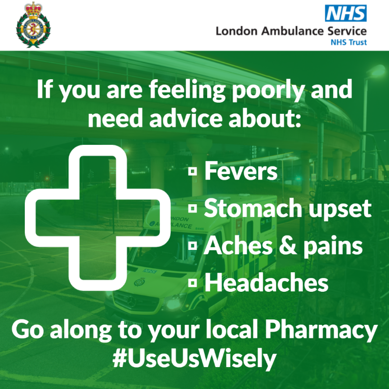 Ldn_Ambulance's tweet photo. Feeling unwell this weekend? Your local pharmacist will be able to help if you need advice about:
✅ Fevers
✅ Stomach upset
✅ Aches + pains
✅ Headaches
You can also use https://t.co/oWFZ4imtMH or call 111
#UseUsWisely