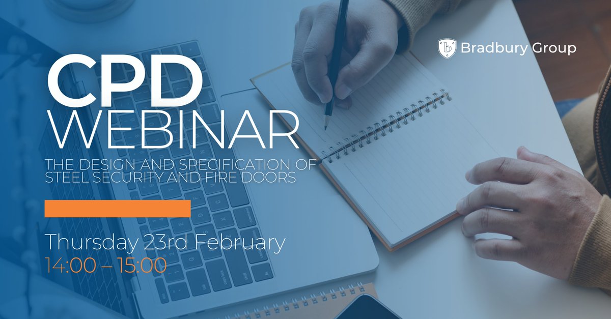 It's almost time for our first CPD Webinar of the year in partnership with <a href="/DCECPD/">DCE CPD</a>.

🗓️ Thursday 23 February
⏰ 14:00 – 15:00 BST

Don't miss out - register now for free on the DCE website: directcontactexhibitions.com/online-cpd-eve…

#BradburyGroup #CPDWebinar #SteelDoors