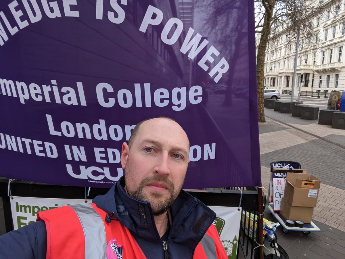 DazzMcGuinness's tweet photo. I'm on strike again as @imperialcollege management refuse to budge on enforcing effectively a month's pay loss every year in our pay dispute. @unitetheunion @ucu #iclstrike a @BBCNews team reportedly covering this story on exhibition road... https://t.co/iY1opE7aHY