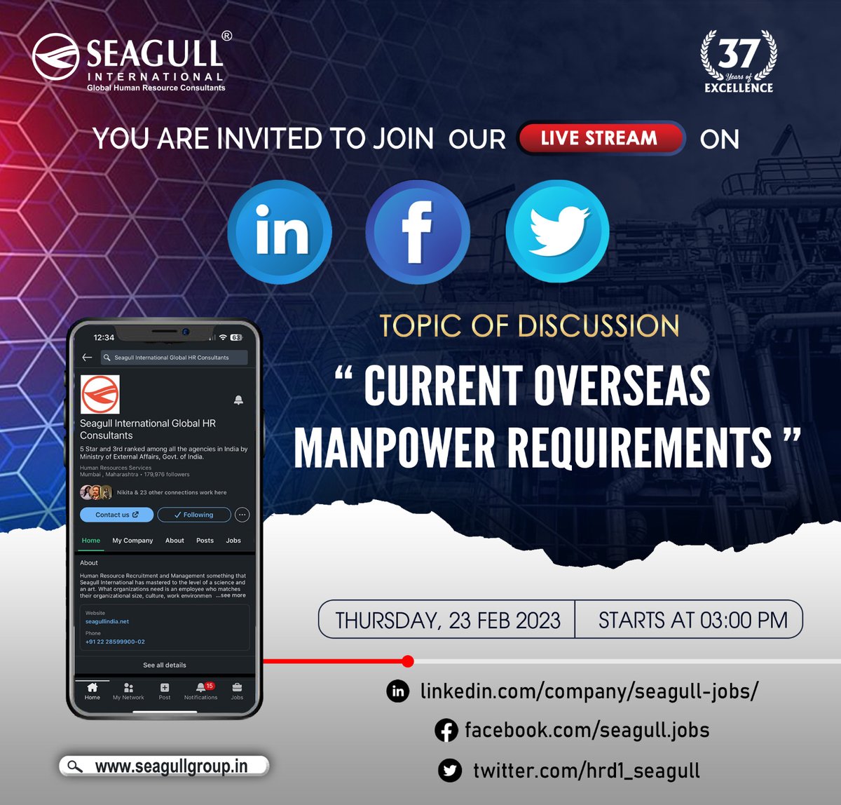 hrd1_seagull's tweet photo. Come join us for a Live Session on our Linkedin, Facebook & Twitter handles. Block your calendar on February 23rd,2023 @3Pm.
See y’all there!
.
.
.
#seagullinternational #seagull #livesession #facebook #linkedin #youtube #currentopenings #requirements #jobopening #opportunities https://t.co/XVbM19N8uC