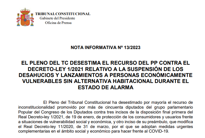 TConstitucionE's tweet photo. Nota de prensa | El Pleno del TC desestima el recurso del PP contra el Decreto-Ley 1/2021 relativo a la suspensión de los desahucios y lanzamientos a personas económicamente vulnerables sin alternativa habitacional durante el estado de alarma https://t.co/kbZRN1TbYa https://t.co/S9RT7zV2bw