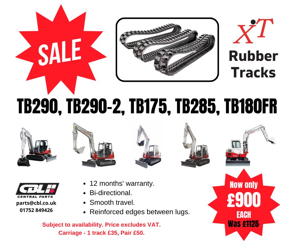 Stock Clearance! 

Contact the team on 01752 849426 or visit our online shop cblcentralparts.co.uk

#constructionuk #groundworks #rubbertracks #takeuchi #takeuchiuk #digger #excavator #landscaping #plantmachinery