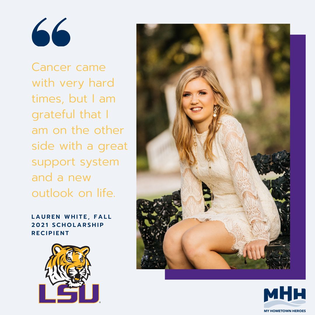 Scholarship Recipient Lauren White! Lauren is at LSU studying kinesiology, aspiring to become a PT. She was diagnosed in 2003 with a Wilms' Tumor and believes her community helped her survive. Lauren likes to puzzle, play with her pets, and hike. Congrats, Lauren! #survivor