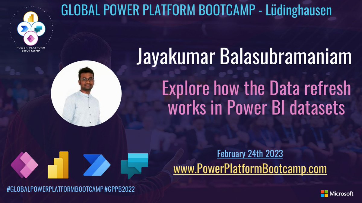 Und weiter geht es... Hier ist der vierte Vortrag. <a href="/jayakumrB/">Jayakumar Balasubramaniam</a> will talk about the Data Refresh in Power BI at #GPPB2023 in <a href="/Luedinghausen/">Lüdinghausen</a>.