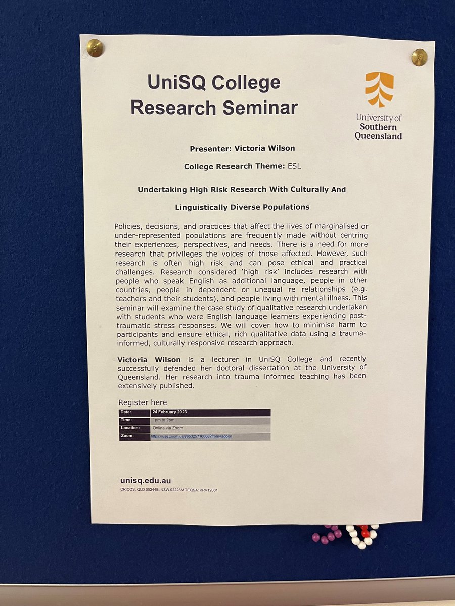 Upcoming research seminar! 

Undertaking high risk ressearch with #CALD populations by @HumanInformedEd 

🗓️Friday 24 February, 1pm
💻Zoom ID 85325716068

#highriskresearch #diversestudents #trauma #ESL