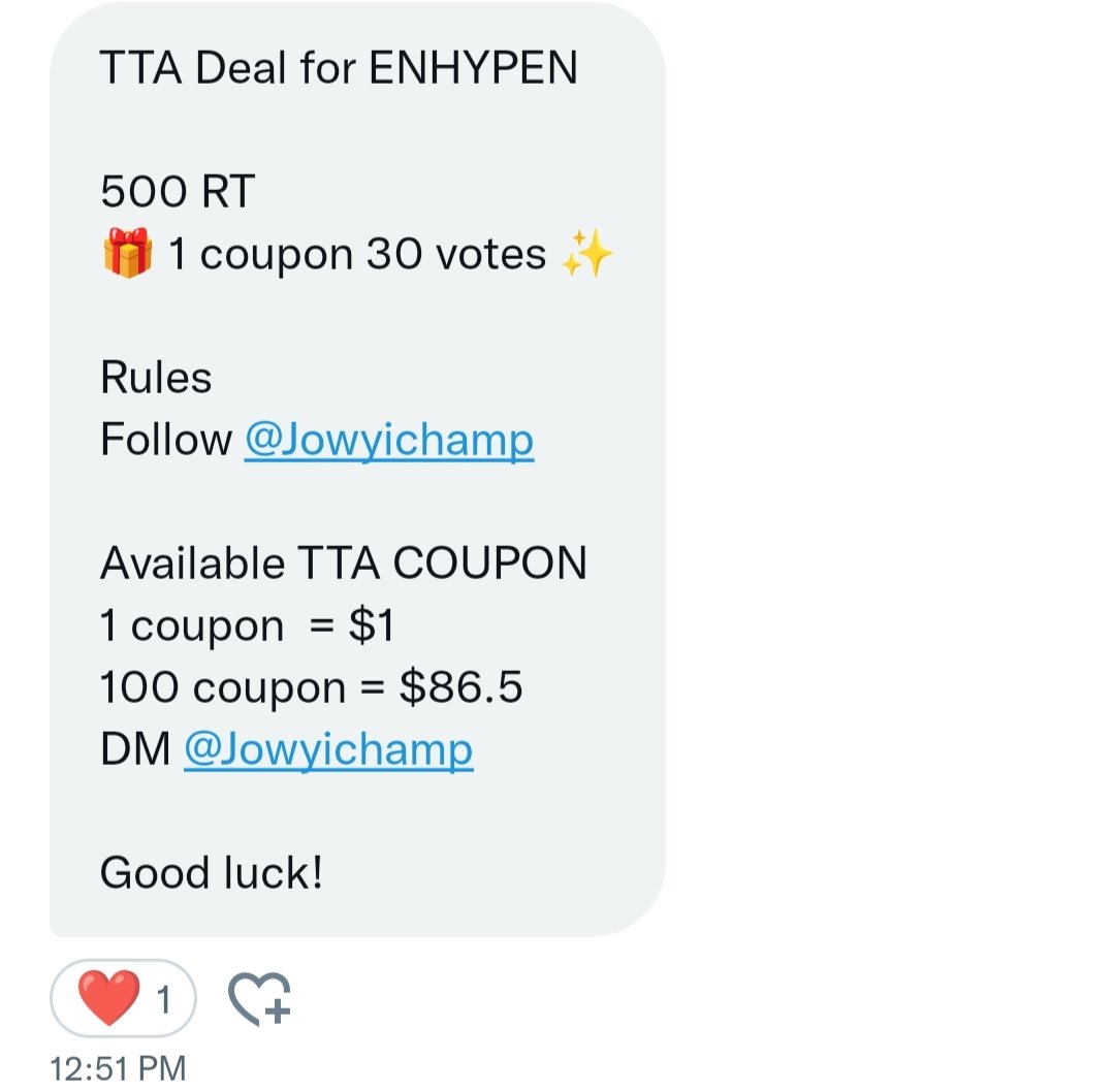 cmsgueco's tweet photo. TTA Deal for ENHYPEN

500 RT 
🎁 1 coupon 30 votes ✨

Rules
Follow @Jowyichamp

Available TTA COUPON
1 coupon  = $1
100 coupon = $86.5
DM @Jowyichamp

Good luck! https://t.co/L2z0dbLPGr