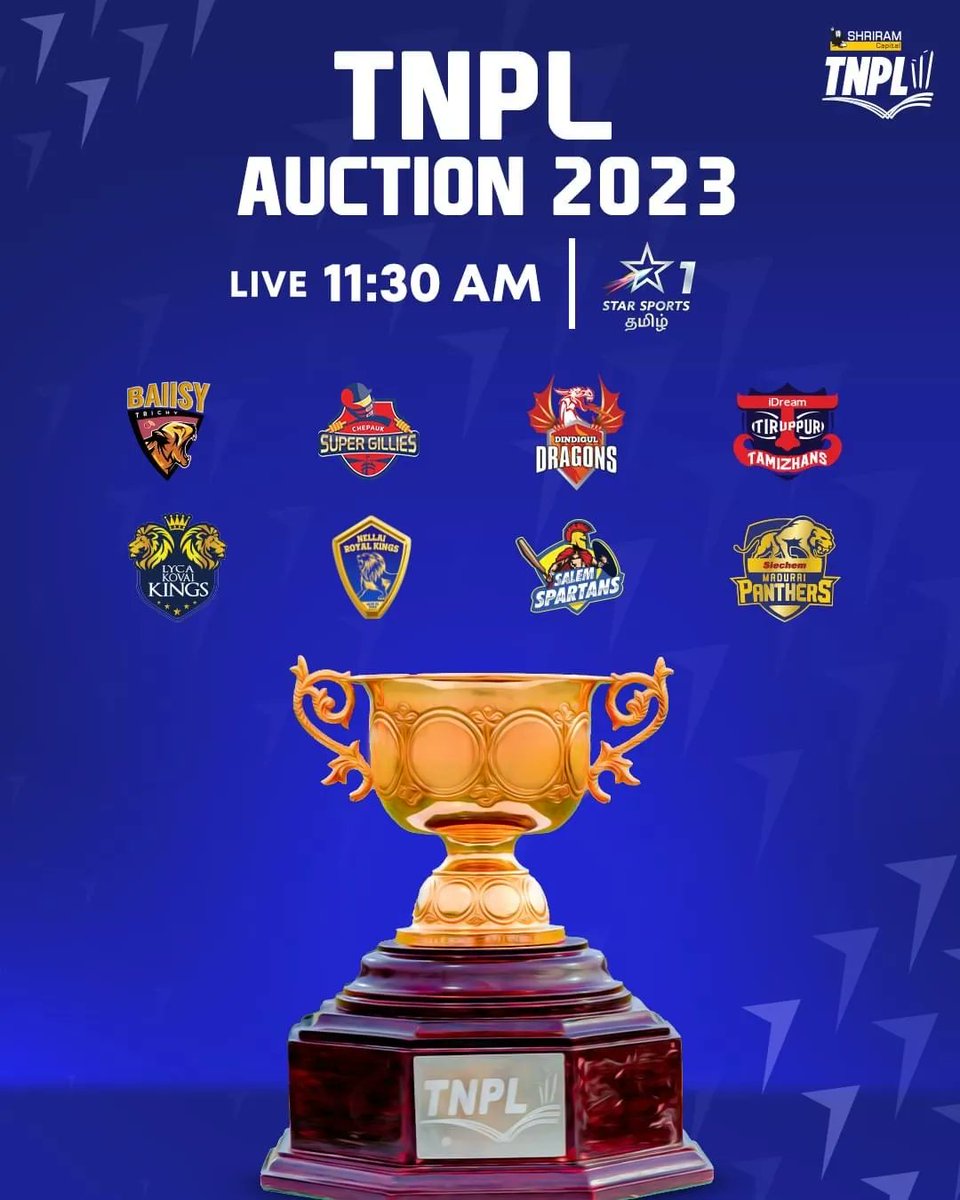 Don’t miss the #TNPLAuction Live On Star Sports 1 Tamil from 11.30 AM today!! @TNPremierLeague 

#NammaOoruNammaGethu #TNPL2023