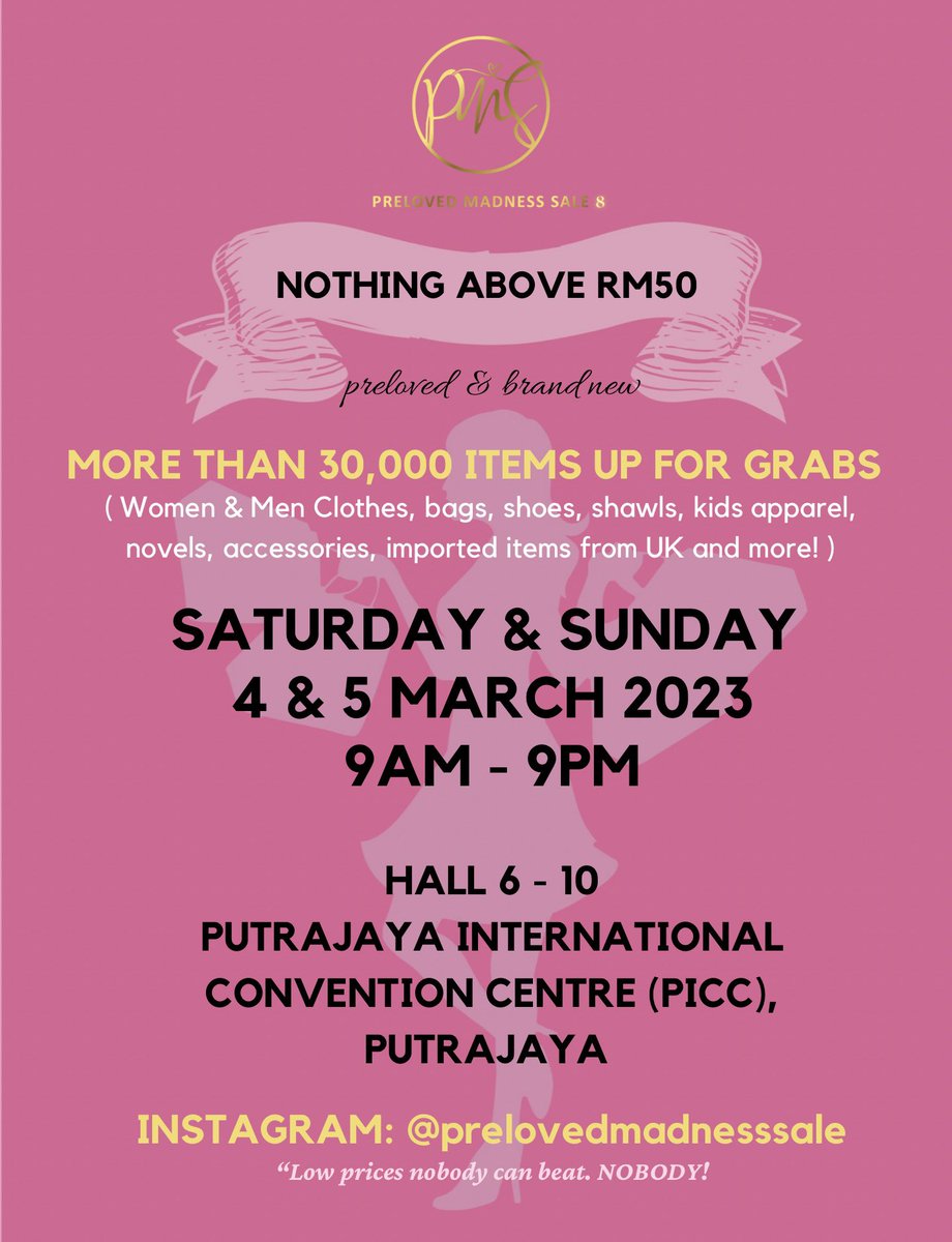 PrelovedMadness's tweet photo. Dulu tiap tahun orang menggila pergi event ni! Setelah 3 tahun menyepi sebab covid, kami muncul kembali! EVENT PRELOVED TERBESAR DI MALAYSIA! Semua item below RM50 beb! Ready gais, kali ni buat dekat PICC Putrajaya! Dewan kalini LAGI BESAR, BARANG BANYAK &amp; BEST!!! RT pls 💕 https://t.co/nnoGDs26Fv