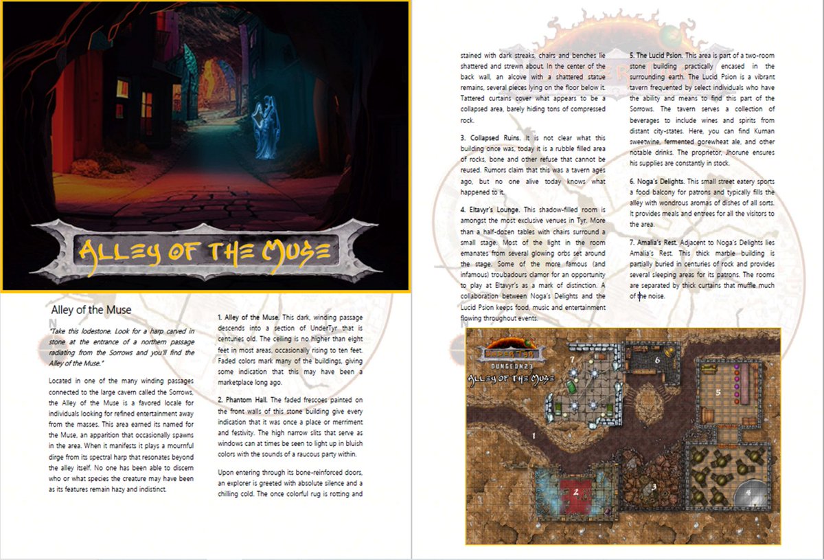 Fellow Dark Sun Fans, 

Continuing with <a href="/seanmccoy/">💭 Sean McCoy</a> #dungeon23 challenge. #dnd #ttrpg #darksun <a href="/KyleBrink/">Kyle Brink</a> 

Attached is a detailed PDF of the first area described in my UnderTyr - Dungeon23 mashup in early January.  
drive.google.com/file/d/1H3q4kq…

Keep Hope Alive!