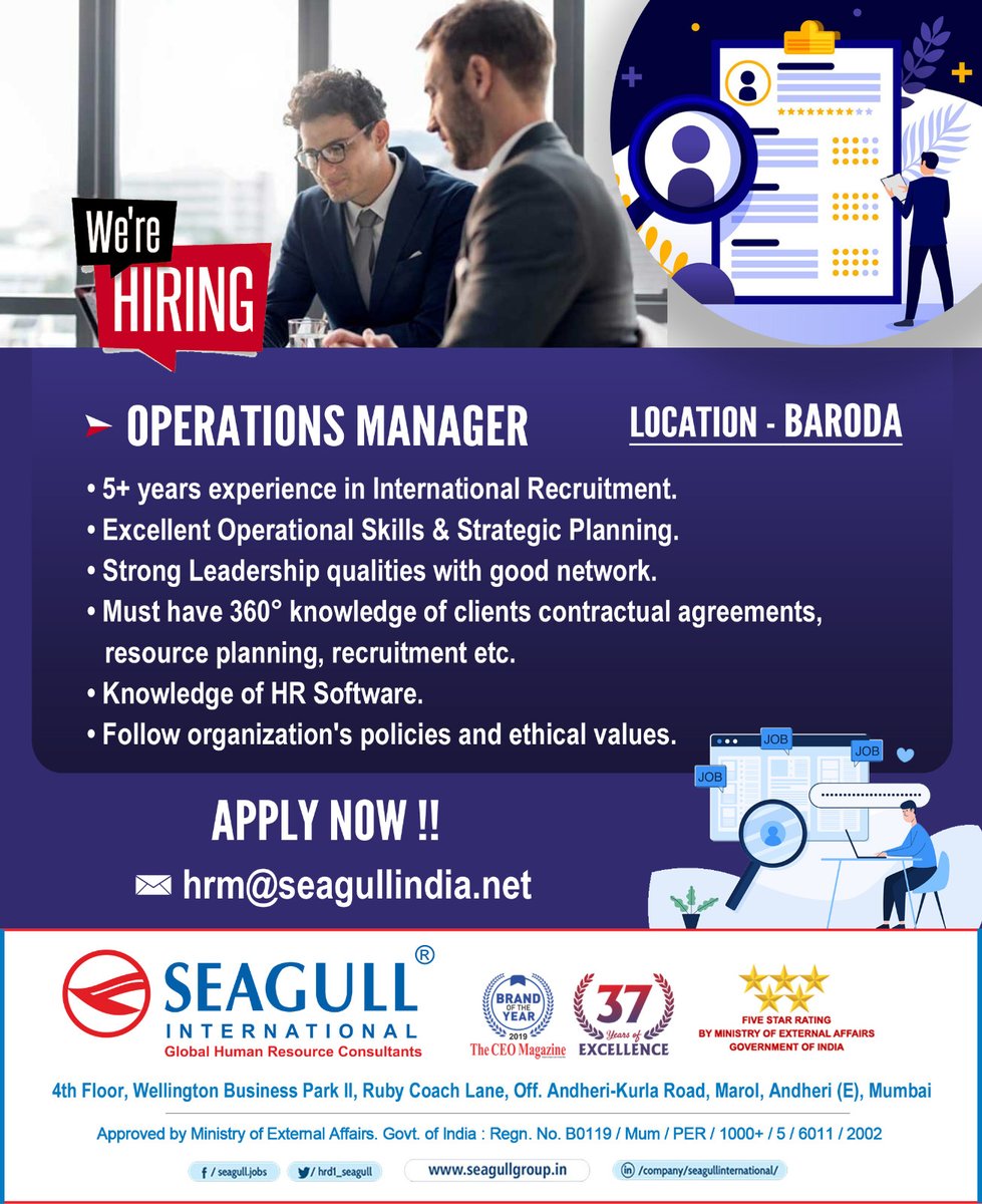 We are Looking for New Talents.
Join Our Team.
Send your CV to - hrm@seagullindia.net
.
.
.
#wearehiringnow #hiringnow #hiring2022 #hiringalert #hiringimmediately #jobalert #jobopening #operationsmanager #barodajobs #manager #sharecv #joinourteam #newtalents #job #hiring