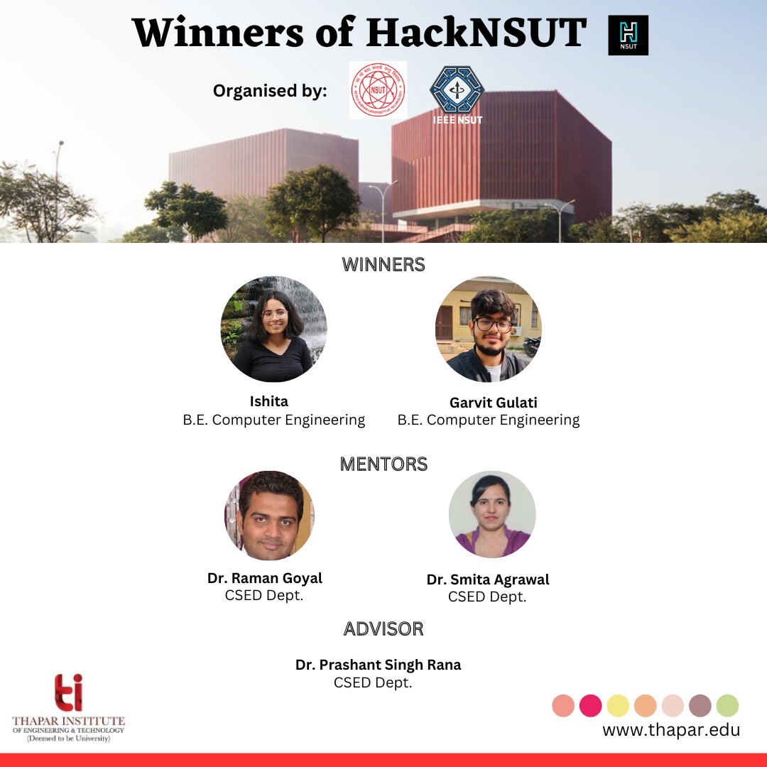 TIETofficial's tweet photo. It brings us immense pleasure to share that #TIET team stood first in #HackNSUT, a rigorous 30-hour offline hackathon organised by IEEE, Netaji Subhas University of Technology, Delhi. The event witnessed more than 50 teams shortlisted for offline participation across India. https://t.co/KJZk0Rcqsx
