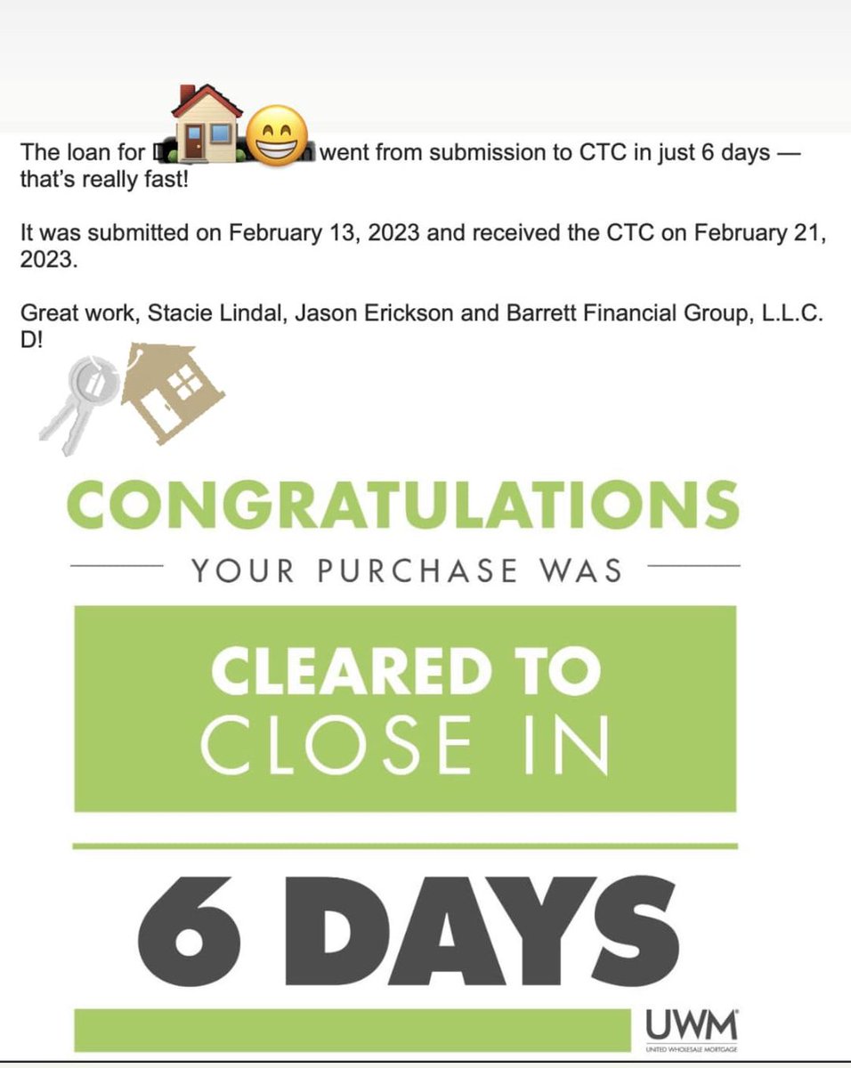 Getting it done over here at BFG!!! 6 days from submission to final loan approval and clear to close!! 💥🎉  Way to go team!! 👏👏

barrettfinancial.com/slindal

#cleartoclose #mortgagebrokerlife #brokersarebetter #quickclosings #shopme #barrettfinancial #homeloansbystacielindal #uwm