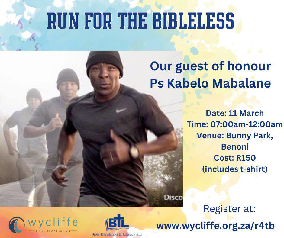 We are happy to introduce to you our guest of honour, <a href="/KabeloMabalane/">Kabelo Mabalane</a>. He will be joining us at the Run For The Bibleless run/walk on the 11 March 2023. Register your ticket at wycliffe.org.za/r4tb &amp; be part of the awareness.

#WycliffeSA 
#Bibletranslation
#RunfortheBibleless