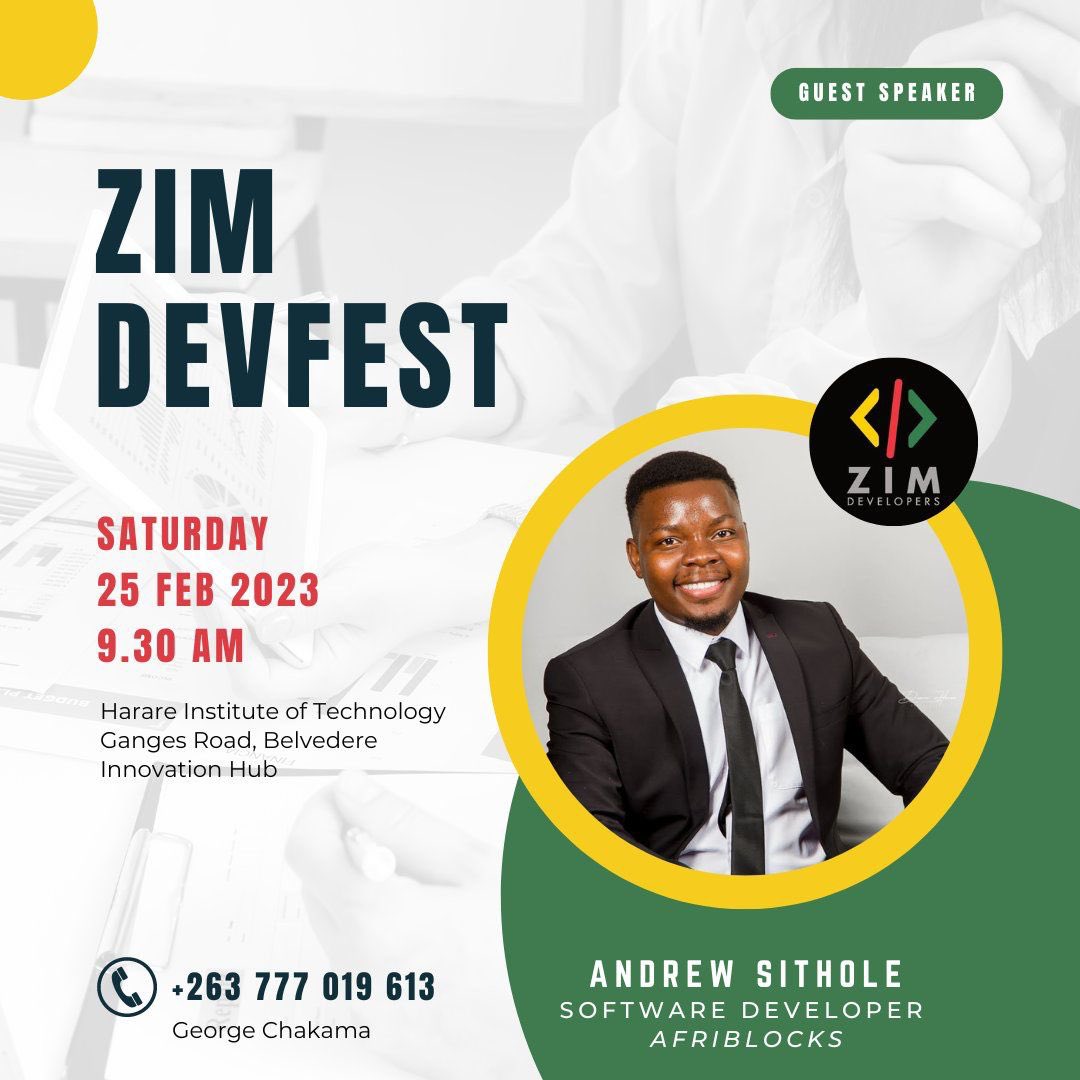 afriblocks's tweet photo. It's time to celebrate coding &amp; development in Zimbabwe! 

Join us at ZimDev Fest — an event that brings together coders, developers, entrepreneurs and thought leaders for 1 day of inspiring talks, creative workshops, &amp; opportunities for collaboration

#ZimDevFest @ZimDevelopers https://t.co/OGrd0oBEEJ