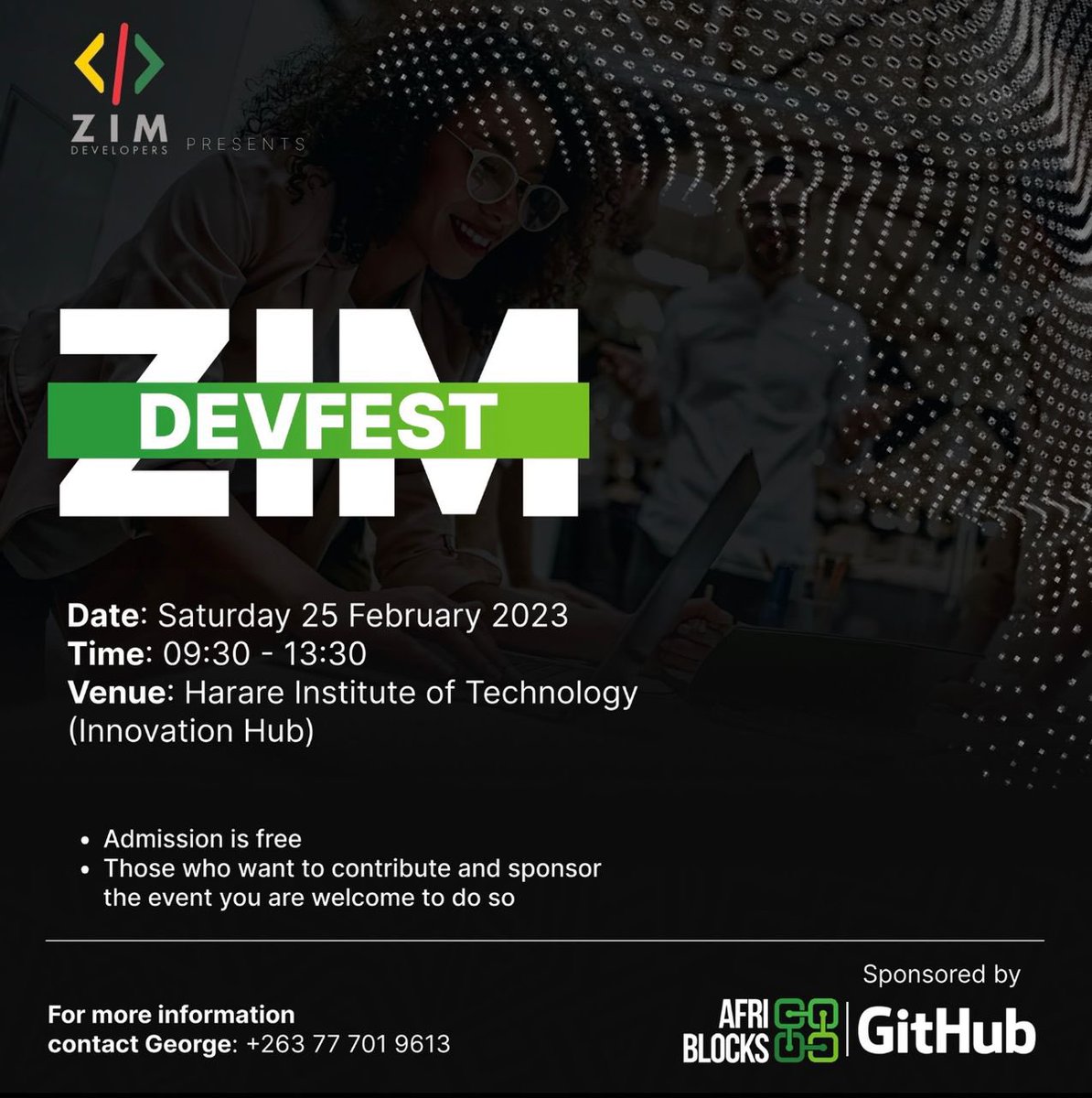 afriblocks's tweet photo. It's time to celebrate coding &amp; development in Zimbabwe! 

Join us at ZimDev Fest — an event that brings together coders, developers, entrepreneurs and thought leaders for 1 day of inspiring talks, creative workshops, &amp; opportunities for collaboration

#ZimDevFest @ZimDevelopers https://t.co/OGrd0oBEEJ