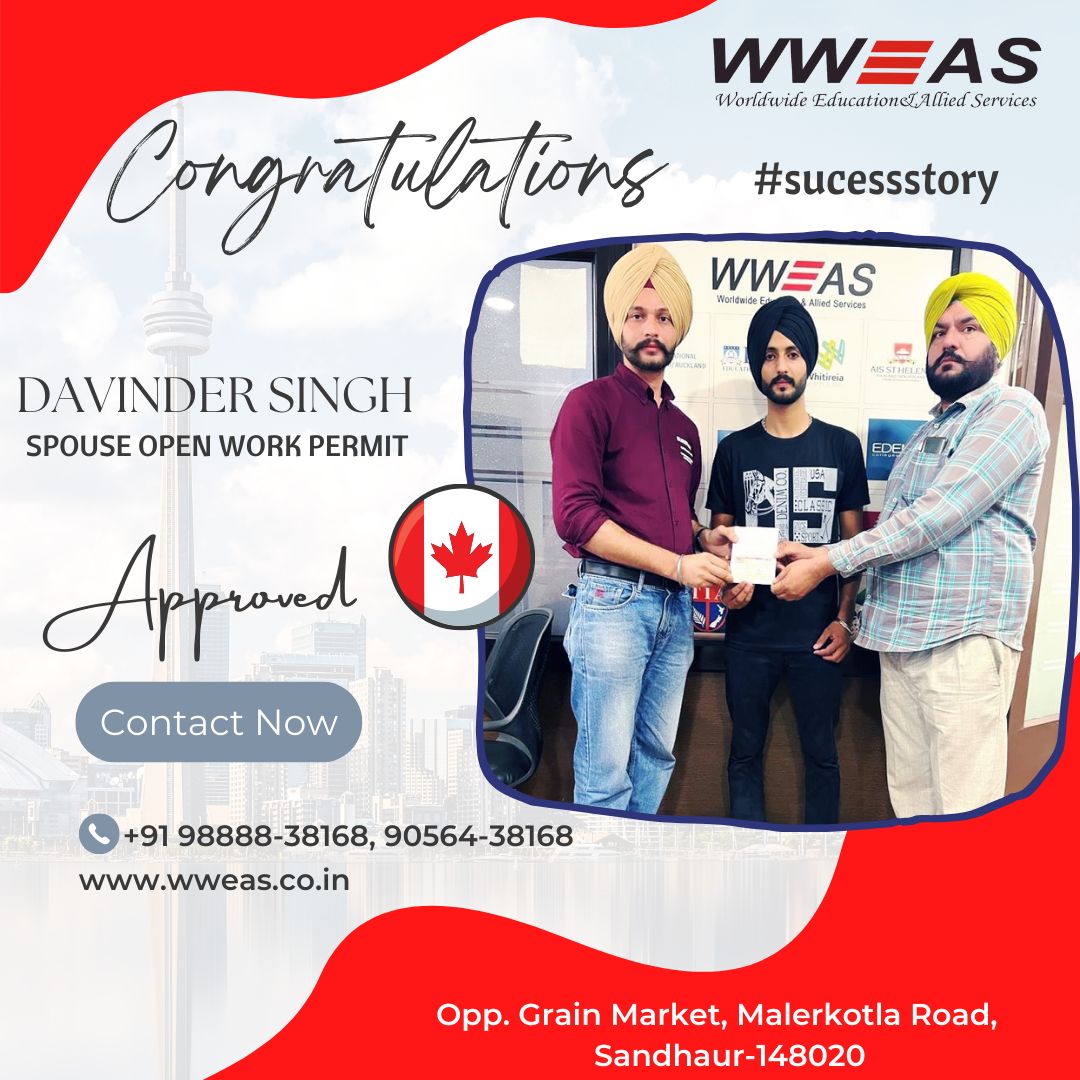 WweasEducation's tweet image. Hooray!🥳🥳 Congratulations to DAVINDER SINGH on your #Spouseopenworkpermit approval.🎊🇨🇦
May this #opportunity open up new doors for your academic and personal growth.

Contact us to get your visas approved!⤵

#JASPREETSINGH #CanadaSuccessStory #SuccessStory #CanadaStudyVisa