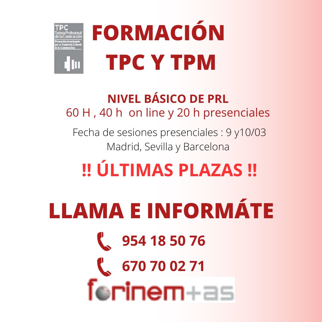 FORINEMAS's tweet photo. ÚLTIMAS PLAZAS para nuestros cursos de PRL
Necesitas más información sobre nuestros cursos, LLAMÁNOS
📞 954 185 076
O si lo prefieres mándanos un mail
✉ info@forinemas.com
Dale a Me gusta , compártelo o guárdalo
#tpc #formaciontpc #formacióntpc #prl #formacionprl https://t.co/1vOqTWNlvx
