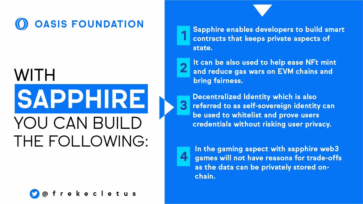 Sapphire is a confidential EVM-Compatible ParaTime and the first of its kind in the Space. This infographic will Illustrate some of its  use cases and how it impacts   #Crypto space and the #Web3 space in a wider view. #OasisNetwork  #BREAKING #RivalrySeries