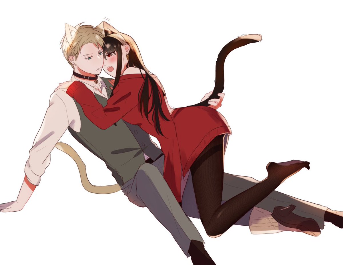 twilight (spy x family) ,yor briar 1girl animal ears pantyhose 1boy tail blonde hair cat ears  illustration images