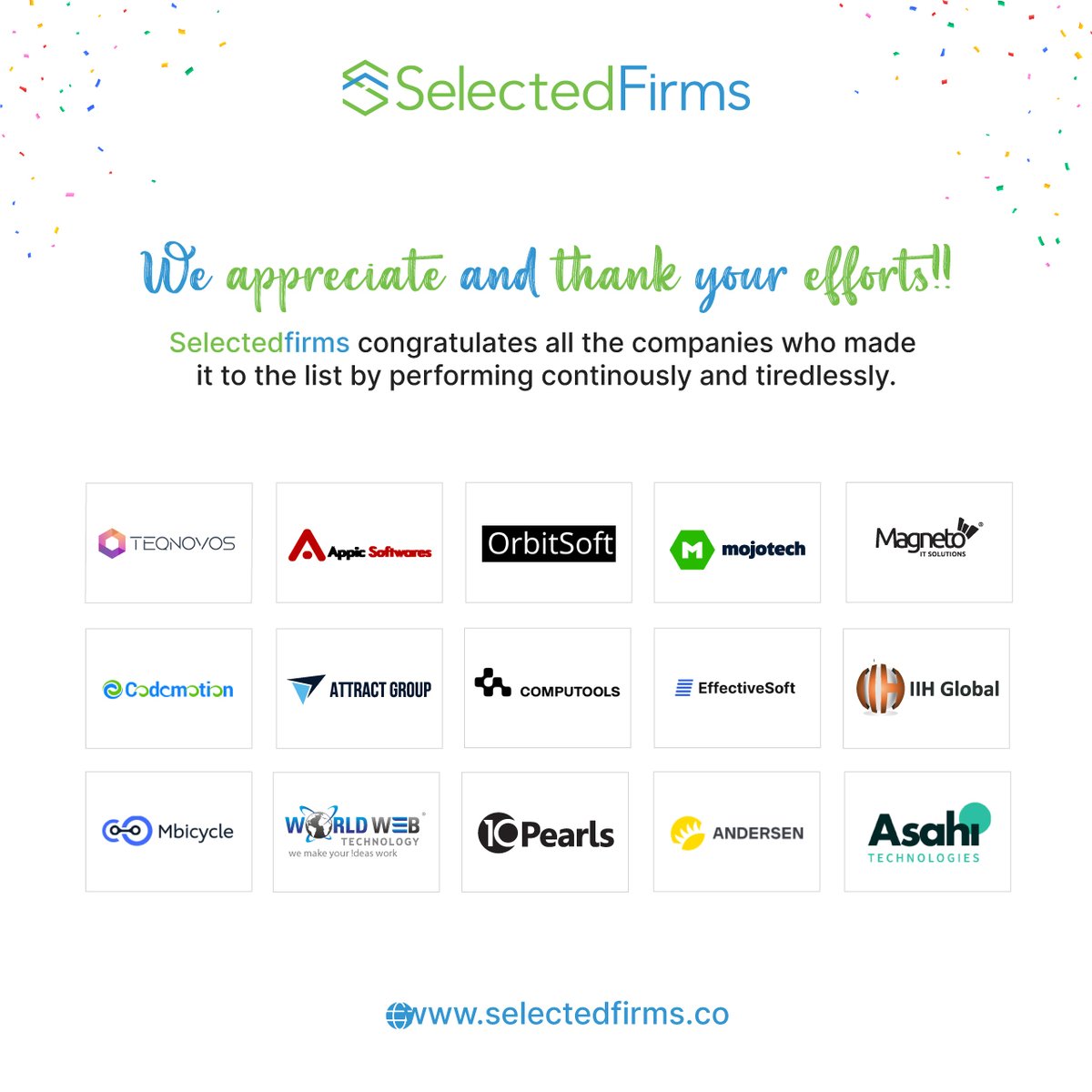 Thanks @FirmsSelected  for your appreciation. 😃

We are quite happy and confident about receiving this further distinction from Selected Companies.

#appicsoftwares #selectedfirms #topitservices #company