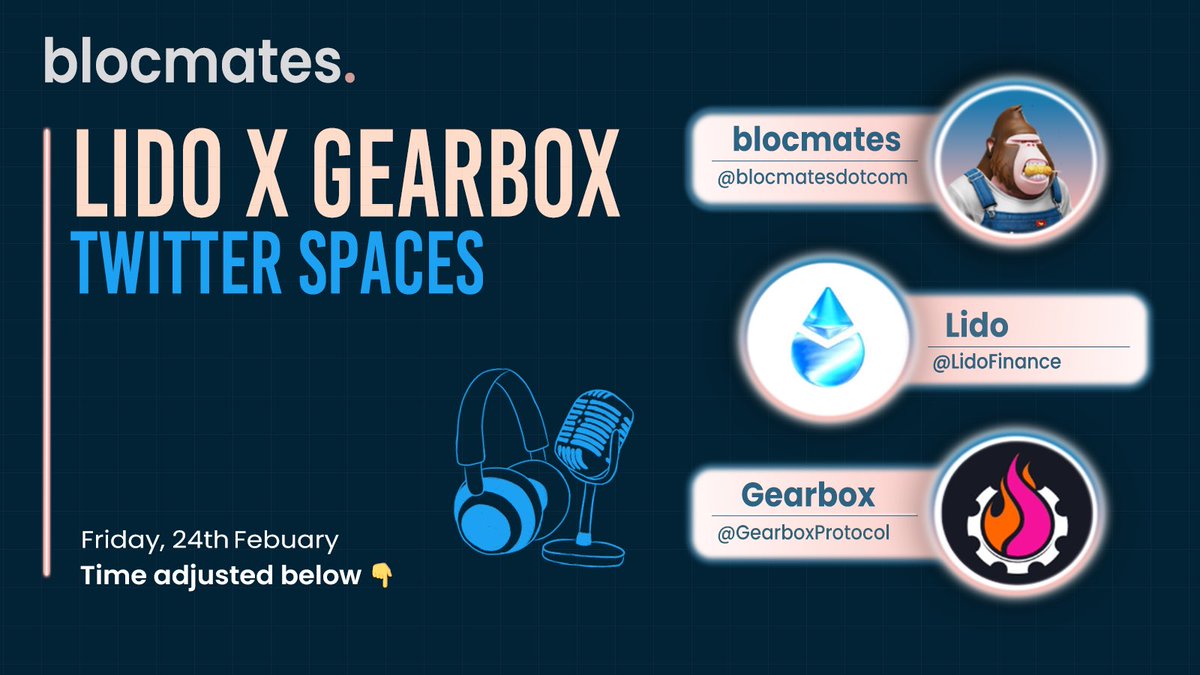 blocmates's tweet photo. Hosting @LidoFinance and @GearboxProtocol tomorrow!

The LSD discussion. 

Come join us! 

🕰️ 24th Feb, 7am UTC (local time adjusted below)
📍Twitter Spaces
👇Schedule in Tweet below https://t.co/4lxofc0SAi