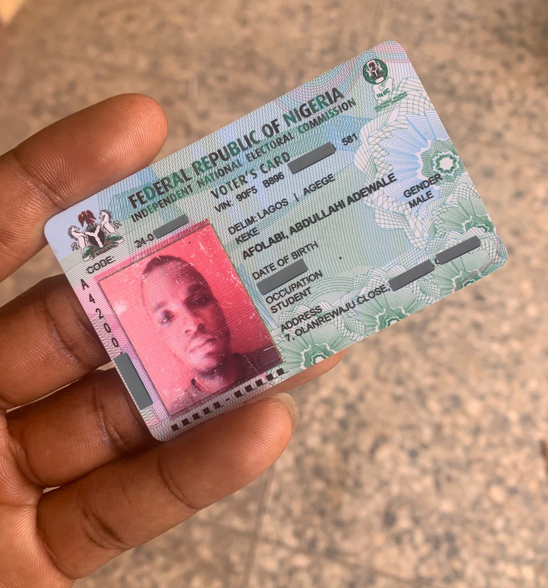 Awesome_Fola's tweet photo. @ag_dauda @ninoroyals @abikedabiri @JajiKazeemAttah @mz_Ayeesh @cbngov_akin1 @IlorinInfo @tobbiematthew @scarfizal @d_qayyah I have my PVC and I am ready to vote π³οΈ
#ShowYourPVC https://t.co/SkeJSyN3s9
