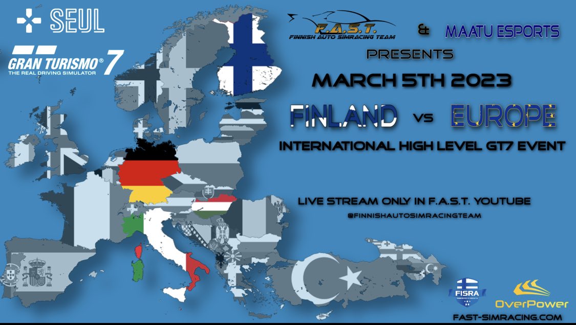 MaatueSports's tweet image. 🔥 Save the date March 5th 2023
@Fast_Simracing & @MaatueSports presents
🏆FINLAND vs EUROPE - International High Level #GT7 Event
➡️One race
➡️Car & circuit will be drawn 2 hours before the race
➡️1h practice+15min time trial+40min race
#GranTurismo7 #Simracing #esportsfi
