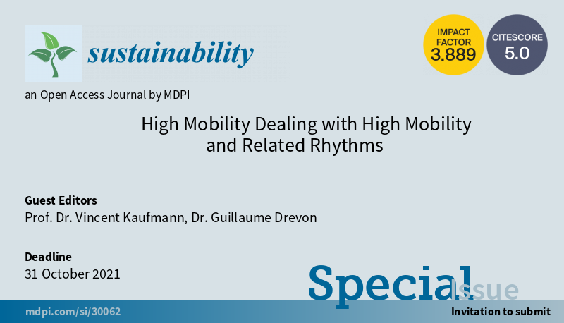 #CallforReading

"High Mobility Dealing with High Mobility and Related Rhythms" welcomes your reading

Edited by Prof. Dr. Vincent Kaufmann and Dr. Guillaume Drevon, including 6 papers 

#Highmobility  #timepressure

mdpi.com/journal/sustai…