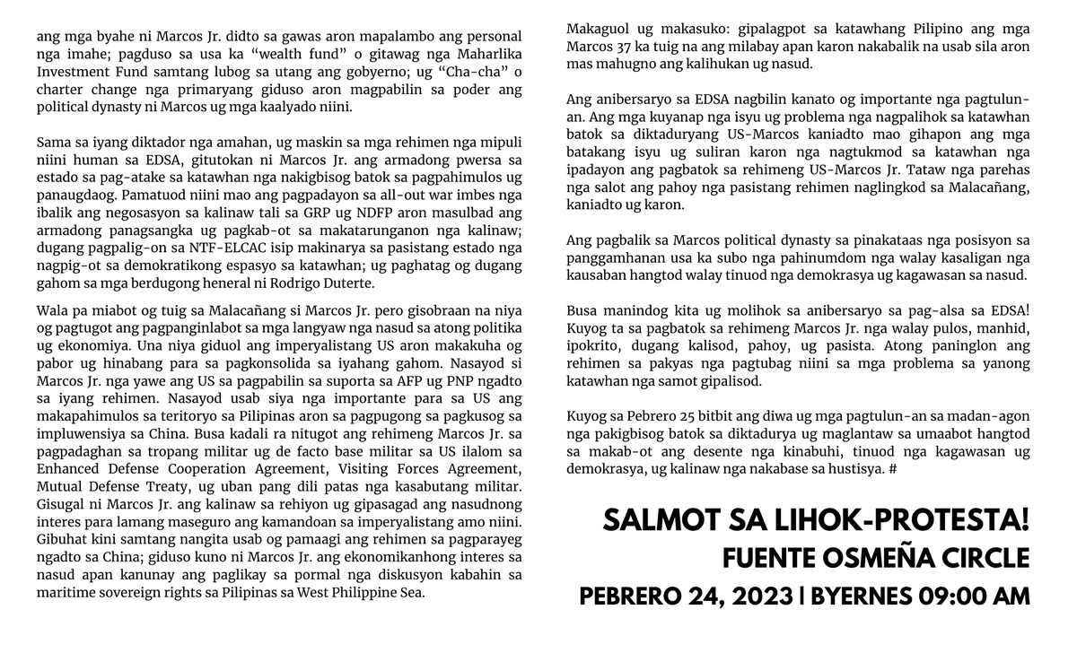 BayanCenvis's tweet photo. PADAYON ANG LABAN ALANG SA HUSTISYA, PANGINABUHIAN, KAGAWASAN UG DEMOKRASYA!

Salmot sa lihok-protesta!
Fuente Osmeña Circle
Pebrero 24 | Biyernes 9:00 AM

More: https://t.co/Q0NsDYCiBw https://t.co/gwZb7SkhjN