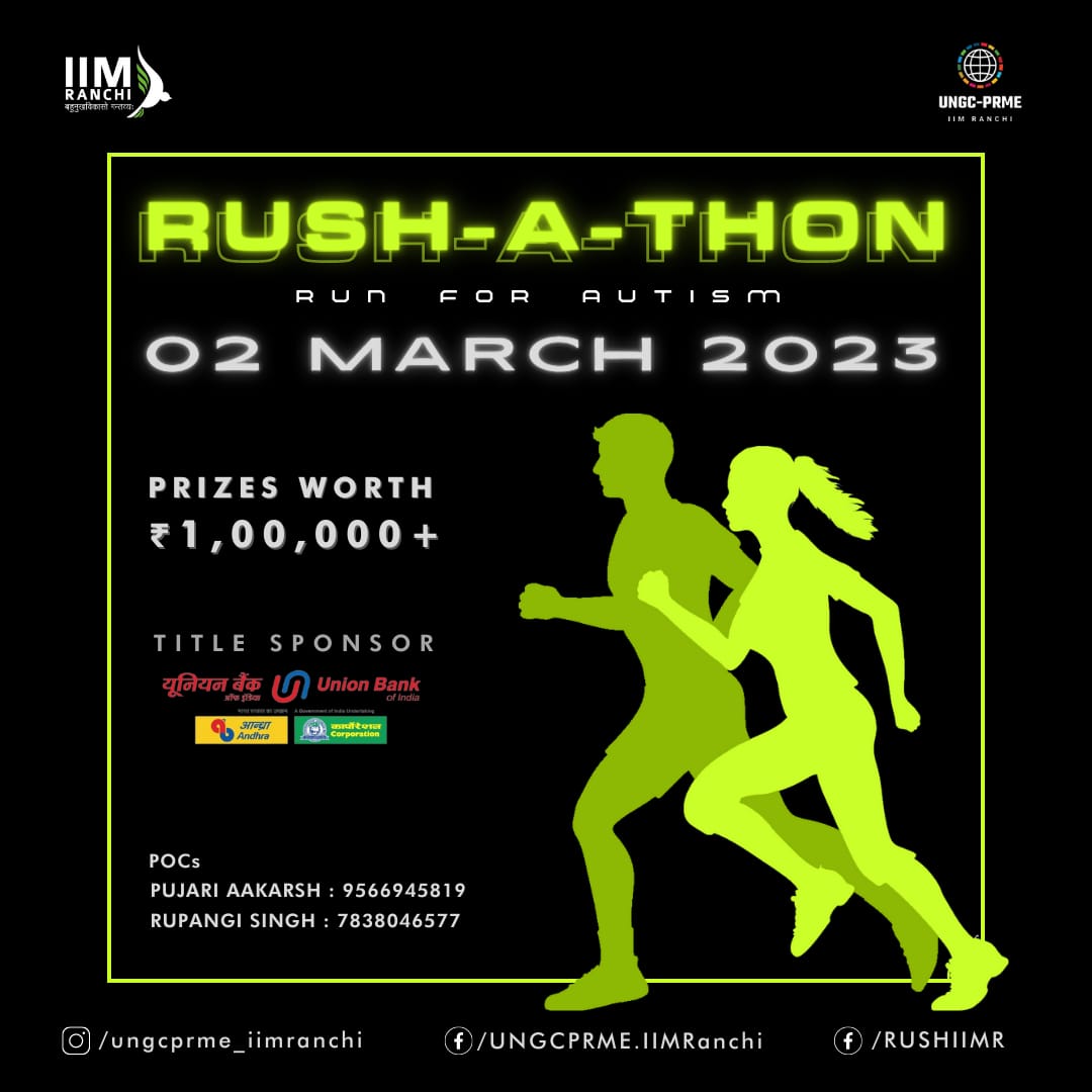IIMRanchi_Off's tweet photo. IIM Ranchi invites you to take that leap as part of Run for Autism in Rush-a-Thon in partnership with Union Bank!
Join us in taking a step towards making a difference by supporting our mission.
#iimranchi #RUSH2023 #TheButterflyEffect #iimr #autism #awareness #walkathon https://t.co/AzhcYf7oXh