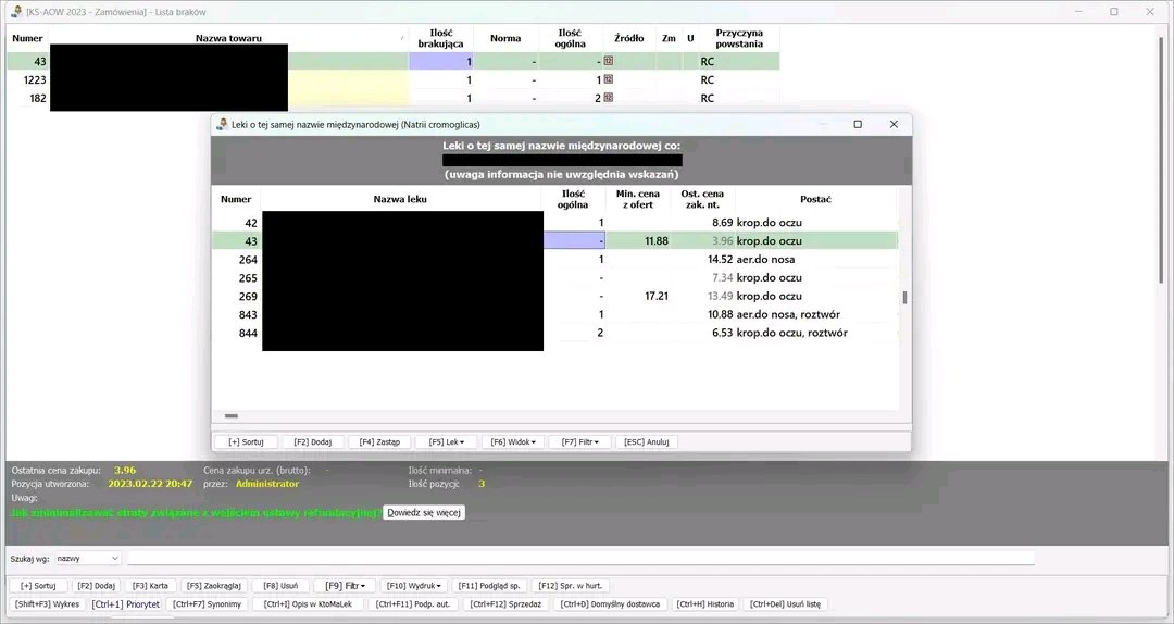 Tuathee's tweet photo. Kamsoft tips and tricks 1. Funkcja Ctrl+F7 czyli odpowiednik po nazwie międzynarodowej tyle że w module zamówień. Działa na liście braków, zamówieniu łączonym itp. Widzimy w nowym oknie ceny netto oraz ilości aktualne. #kamsoft #apteka https://t.co/TJ9ETJOMiy