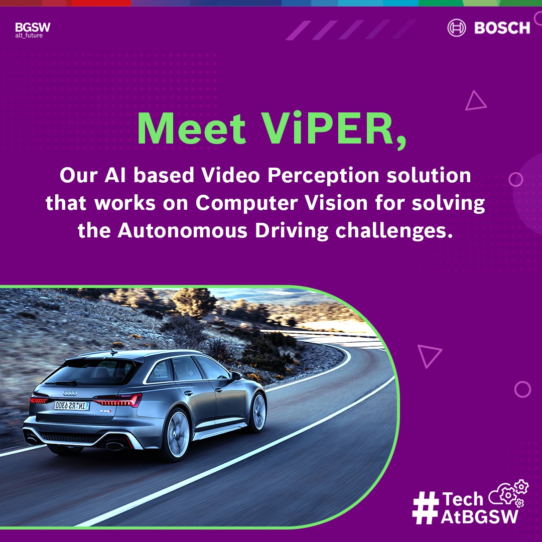 BoschSoftware's tweet photo. In this feature of #TechAtBGSW we present our AI based video perception solution – ‘ViPER’. It makes the autonomous driving world more predictable so that the drivers can detect any threats instantly. This solution works on computer vision to solve Autonomous Driving challenges. https://t.co/oWjpF8YrOU