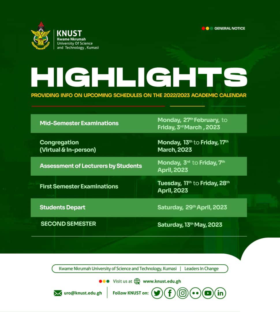 CampusHypeCrew's tweet photo. NOTICE to all KNUST Students 

Highlights on upcoming schedules on the 2022/2023 Academic Calendar. 

Note that Mid Semester Exams is Monday, 27th February - Friday, 3rd March 2023. 

#CampusHypeCrew🇬🇭 https://t.co/HTG5uYY0wy