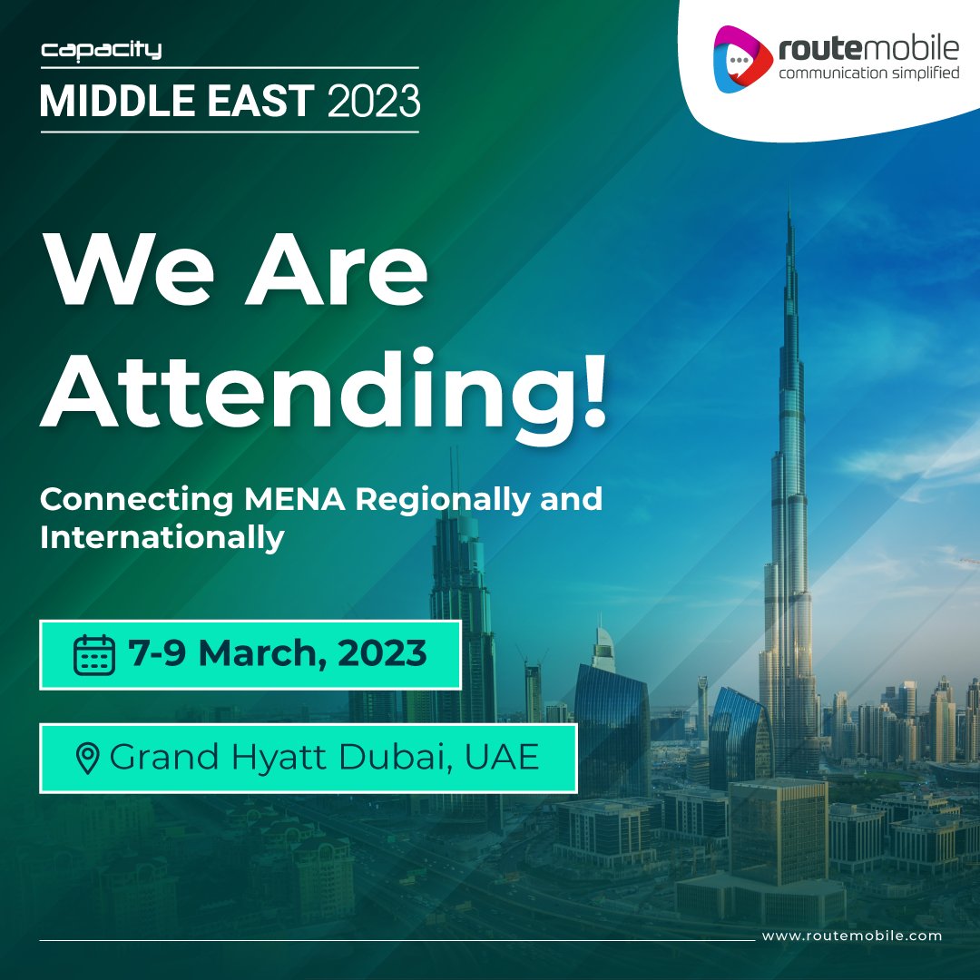 routemobile's tweet photo. We'll be attending #CapacityMiddleEast 2023, the region's largest carrier meeting, uniting the key ICT players.
π
7th - 9th March 2023
π @grandhyattdxb
@capacitymedia #MiddleEast #Dubai #KeepingTheWorldConnected #IndustryEvent #RouteMobile #RouteItRight https://t.co/hpRMbvrSEn
