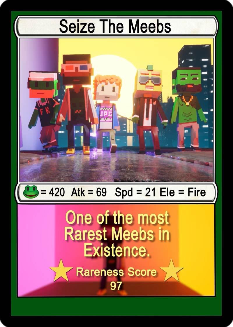 NorbertF76's tweet photo. Seize The Meebs! - card 12 just minted 🔥

Meeb da' Fake Rares - by @LordJamieVShiLL 
@SeizeTheMeebs @sergitosergito #meebs #cards https://t.co/4LdLnOnIUr